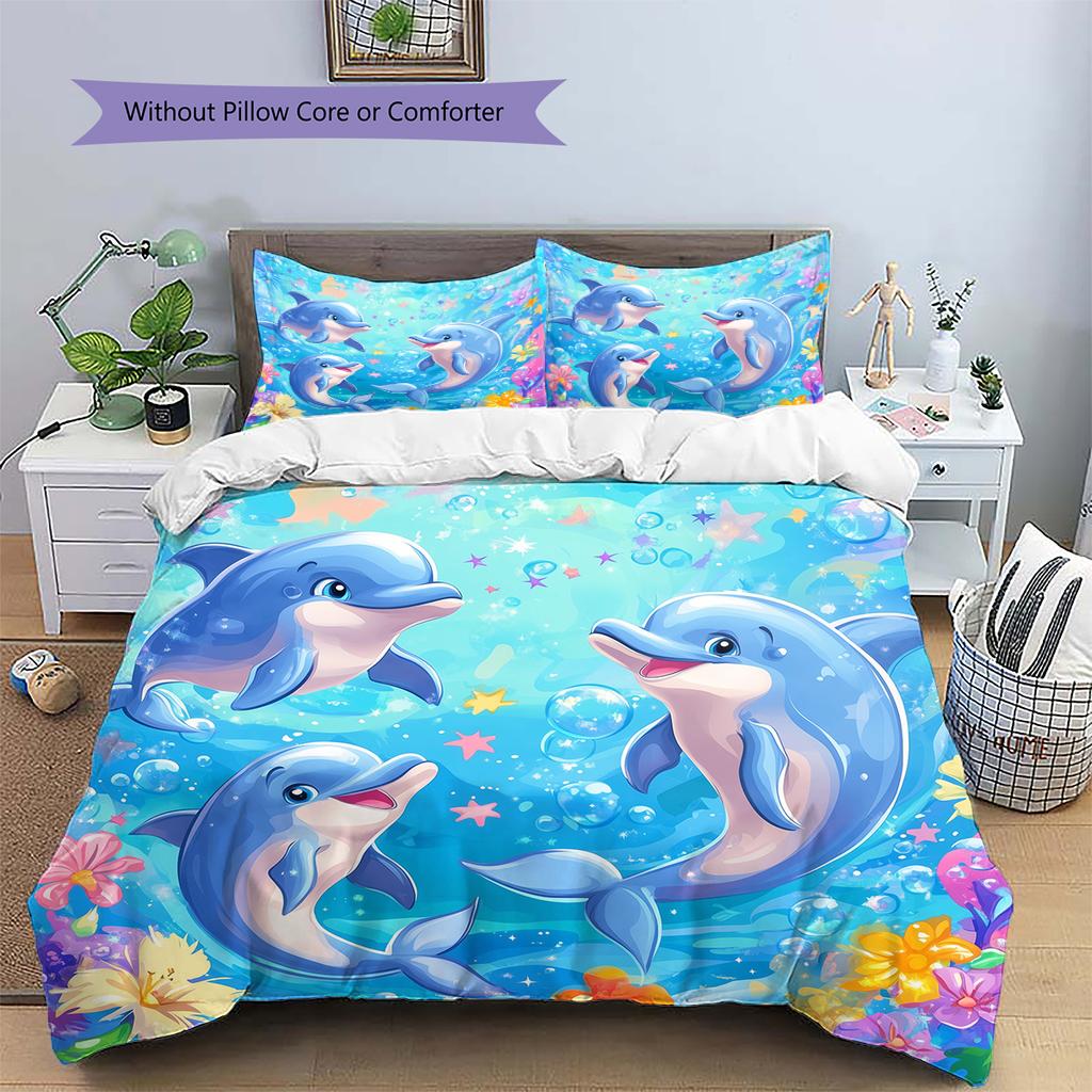 Kreslené Barevné Delfíní Vzor Povlečení Domácí Dekorace Narozeninový Dárek (1 * povlak na peřinu + 2 * povlak na polštář, bez jádra)
