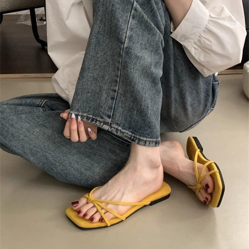 French square head pinch flip-flops shoes women's summer Roman sandals gentle thin strap flat toe cool slippers