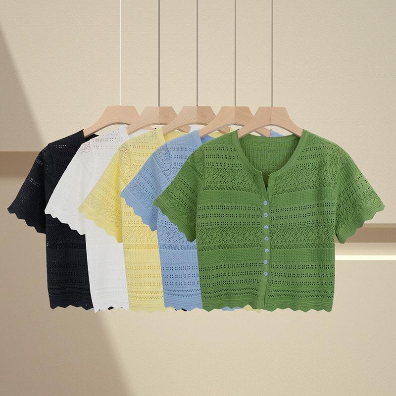 Dámské tričko s výstřihem do V Letní pletený kardigan Ležérní Dámské topy s krátkým rukávem