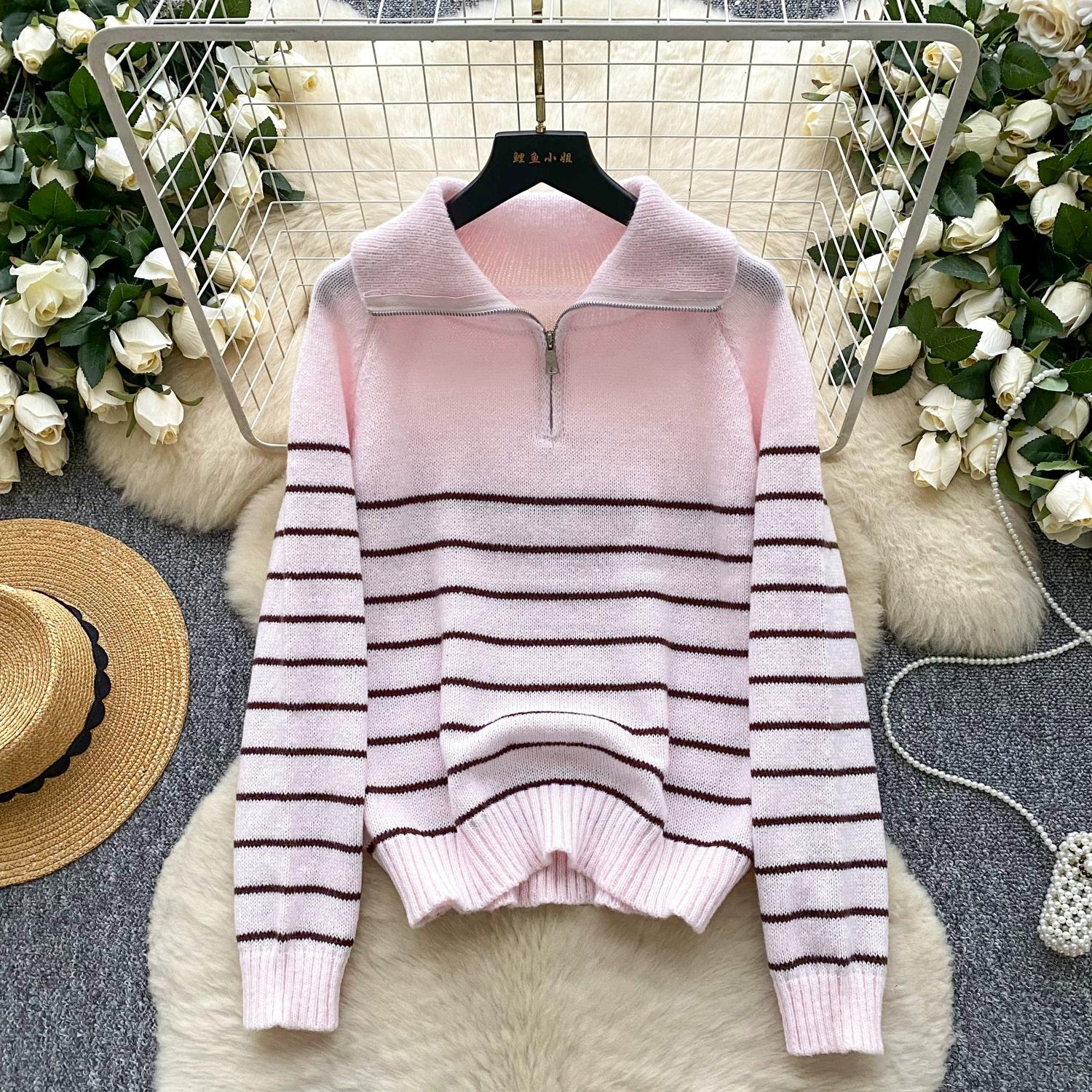 

Autumn Wniter Women Women Turn-down Collar Striped Knitted Sweater Zipper Pullover Tops for Girl One Size