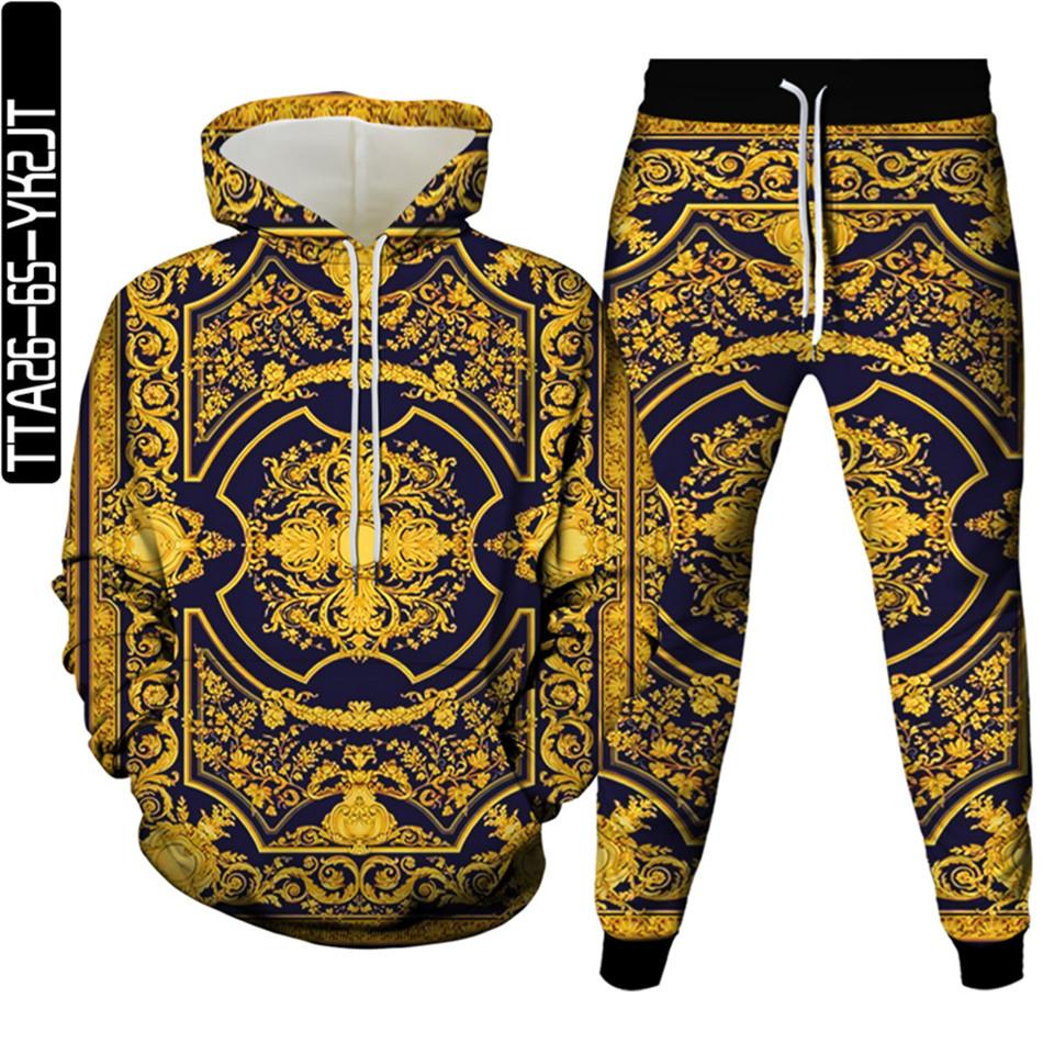 Golden Flowers Male Casual 3D Printed Clothes Sets Luxury Royal Harajuku Autumn Women Hoodies+Trousers 2Pcs Tracksuit Size S-6XL