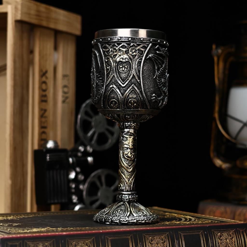 Medieval Goblet Dragon Chalice Silver Skulls Bones Fantasy Dragon Blood Wine Goblet Stainless Steel Halloween Coffee Beer Cup