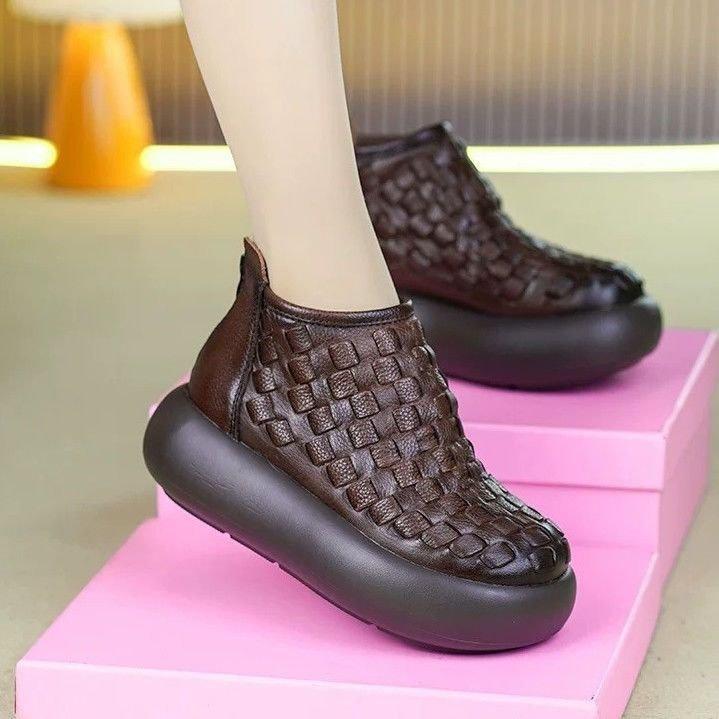 Foreign Style Thick-soled Woven Pattern New Martin Boots Women's 2025 Autumn and Winter Round Head Retro Height-increasing Short Tube One-pedal Leathe
