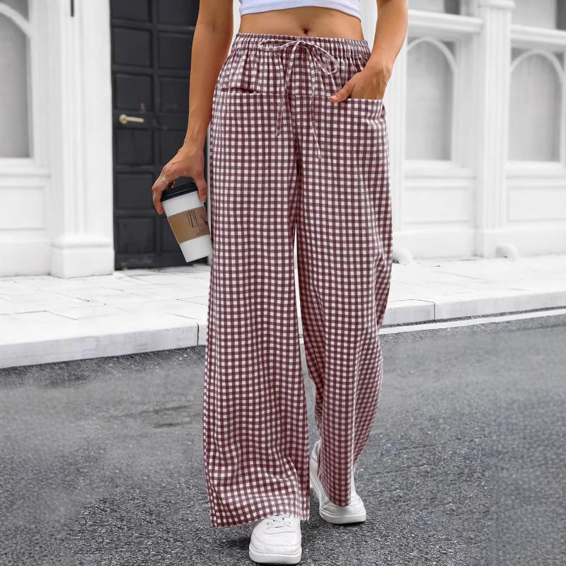 Women's Summer Gingham Wide Leg Pants Drawstring Pocket Trousers