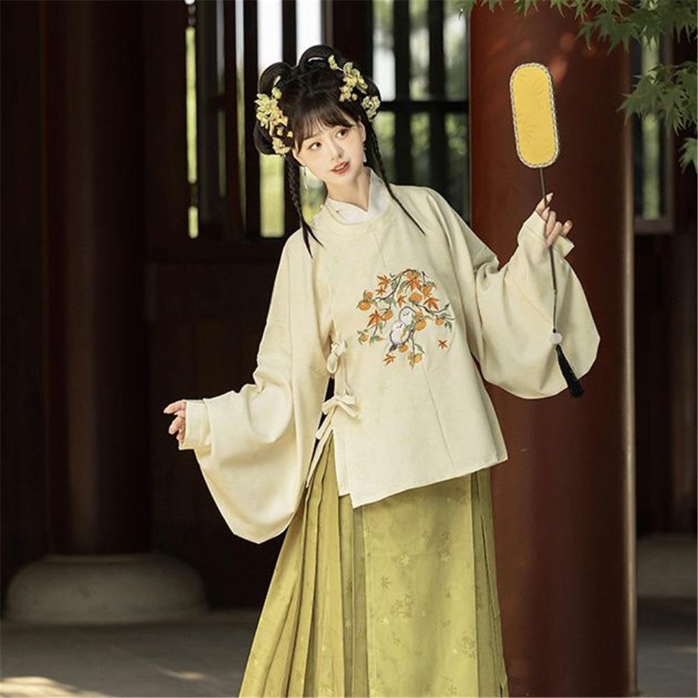 Chinesischer Ming-Dynastie-Stil Hanfu Rundhalsrobe Pipa-Ärmel Pferdegesicht-Rock Anzug für Frauen