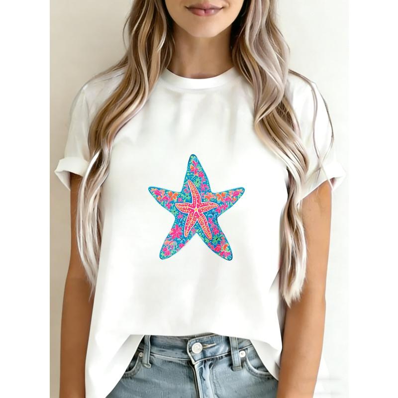 

Белая футболка с круглым вырезом и красочным принтом морских звезд для пляжных и летних нарядов XXXXL белый