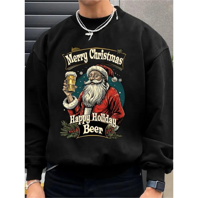 Men's Merry Christmas Happy Holiday Beer Print Casual Sweatshirt-Long Sleeve, Round Neck, Stylish and Durable, Sporty Casual Style, Lightweight Fabric