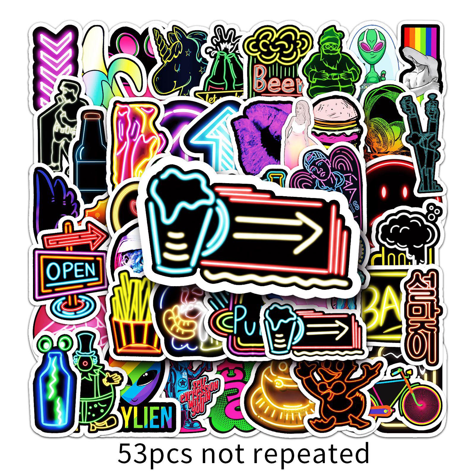 53PCS Neon Graffiti Cartoon Stickers: Vibrant DIY Waterproof Stickers for Phone Cases & Luggage