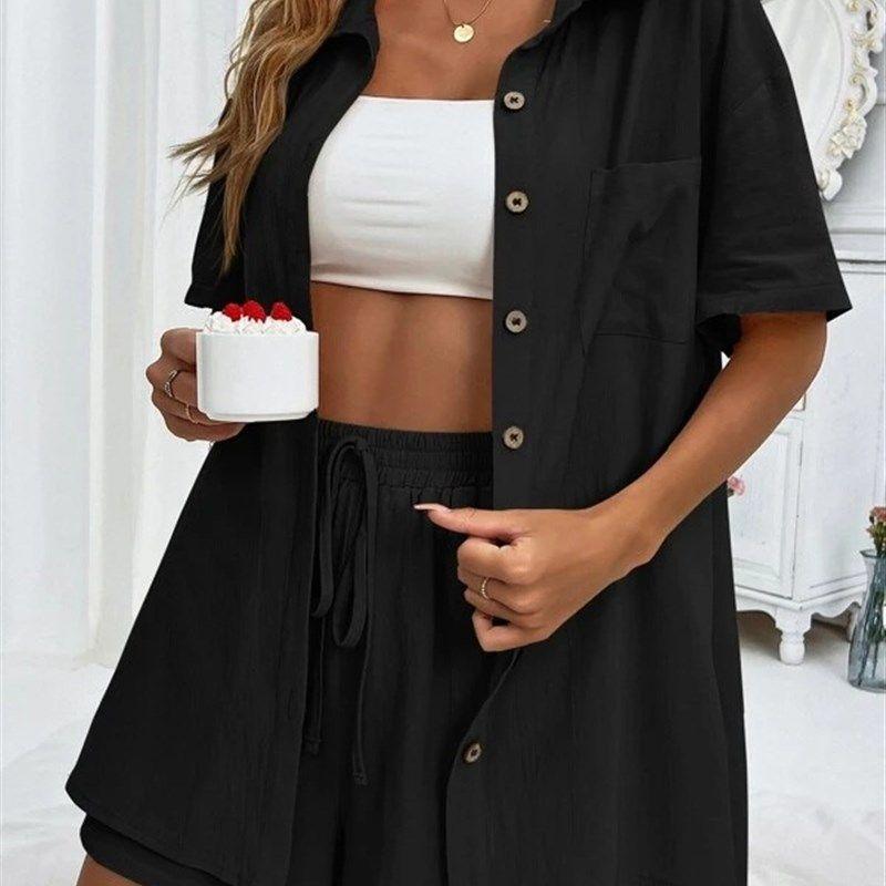 Short Sleeved Shorts Two Piece Shirt Set for Women