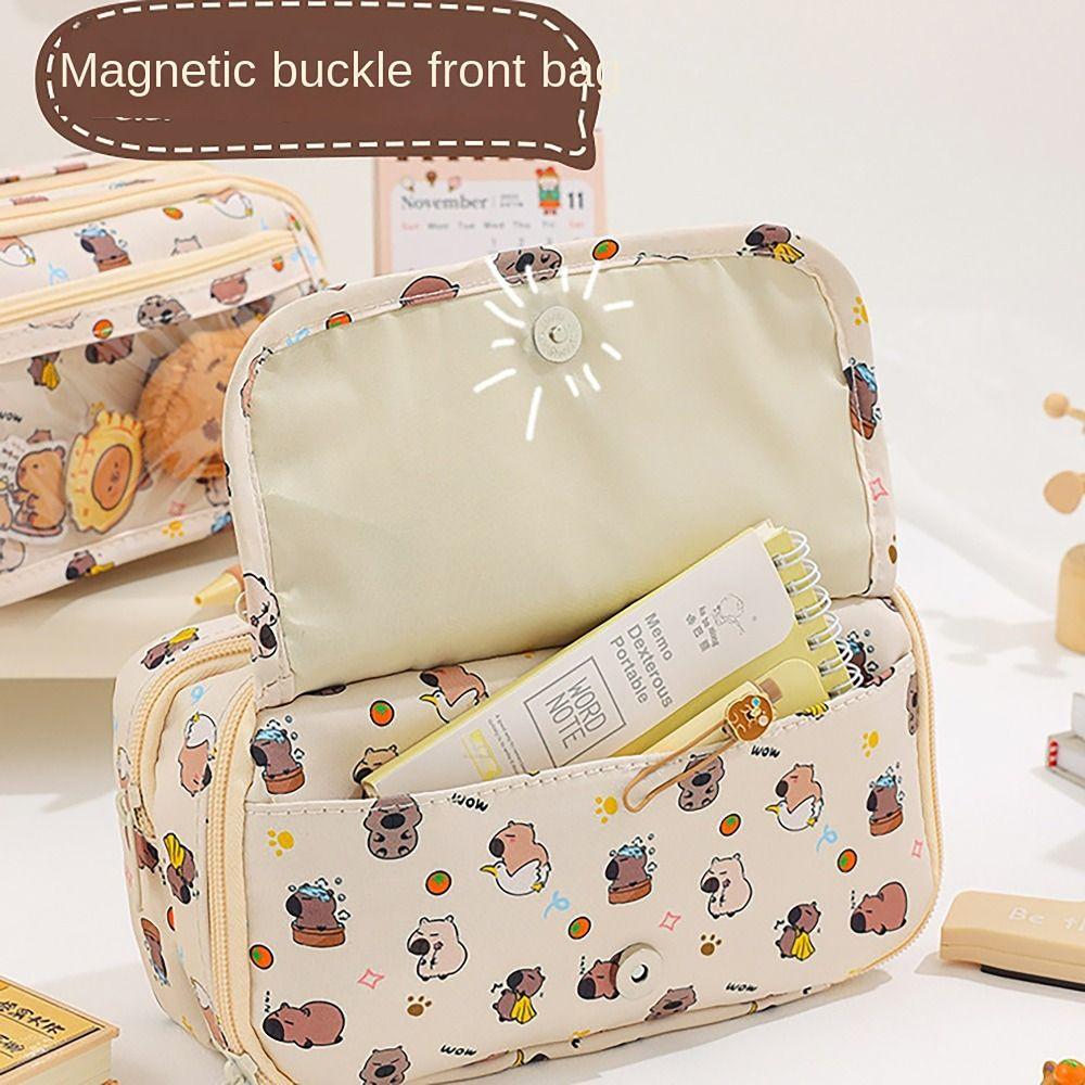 Multilayers Pencil Case Capybara Panda Dog Rabbit Stationery Organizer  Student Gift