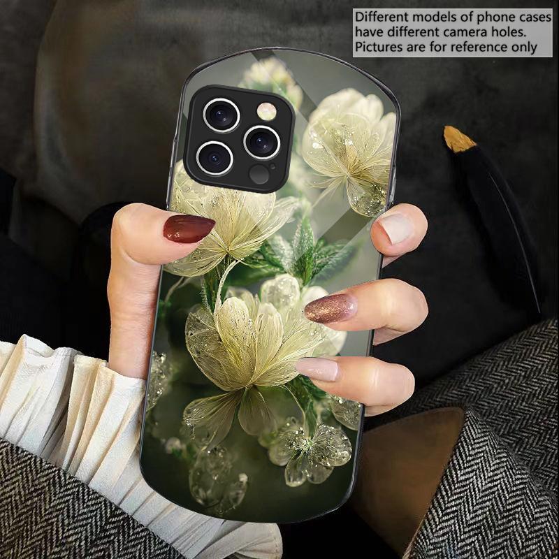 Pink Crystal Flower For iPhone 16 15 14 13 Plus 12 Mini 11 Pro Max XR Xs X 7 8 6 6S 2022 Elliptical Tempered Glass Phone Case