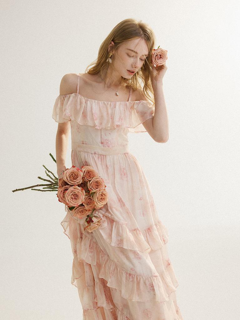 Sinseuden Clay Tiered Off-Shoulder Long Dress
