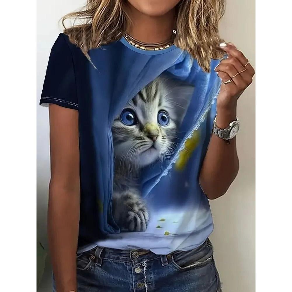 Summer Short Sleeved T-shirt Women's Casual Sports Top Cartoon 3D Printed Pattern Clothes
