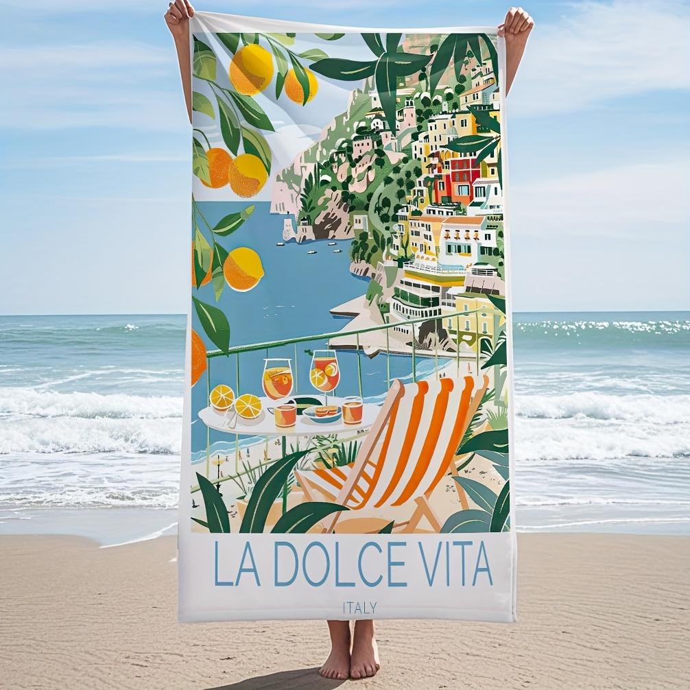 Ka Chen Muxi White La Dolce Vita Italy Vintage Spritz Beach Towel - Ultra-Soft Microfiber, Quick-Dry, Coastal Scene With Oranges & Chairs