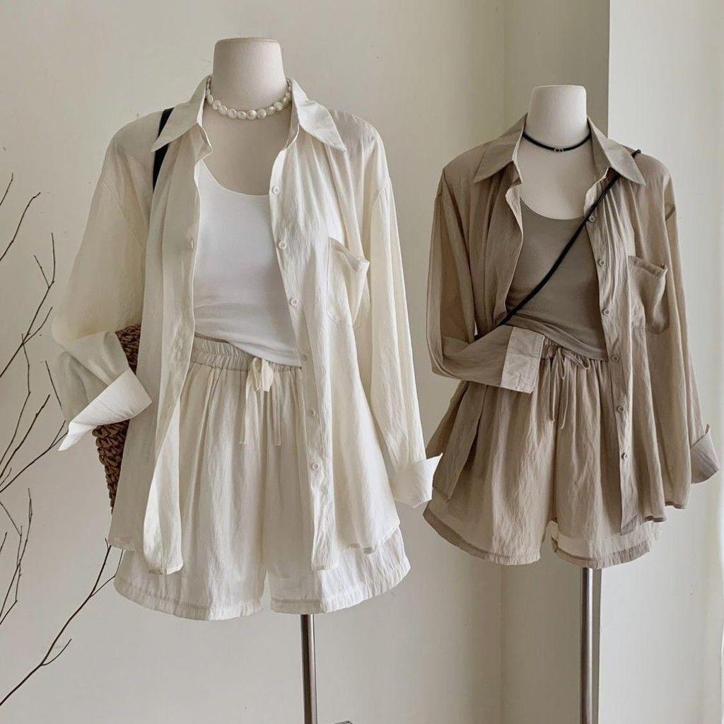 Women's Korean-Style Casual Sun Protection 3-Piece Set: Spring/Summer Cardigan, Camisole, High-Waisted Shorts