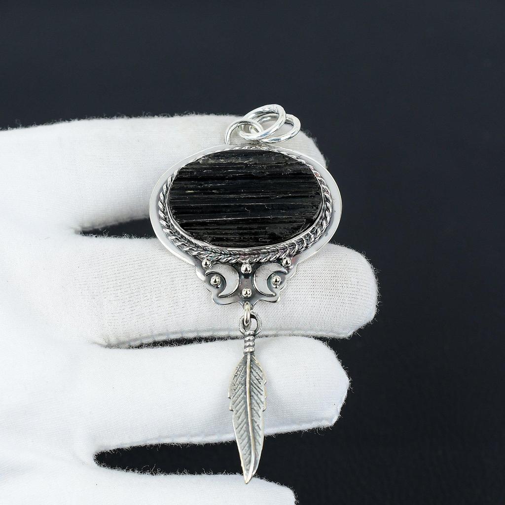 Handmade Black Tourmaline Pendant with Feather Charm In 925 Sterling Silver – Perfect Christmas, New Year, or Holiday Gift for Her