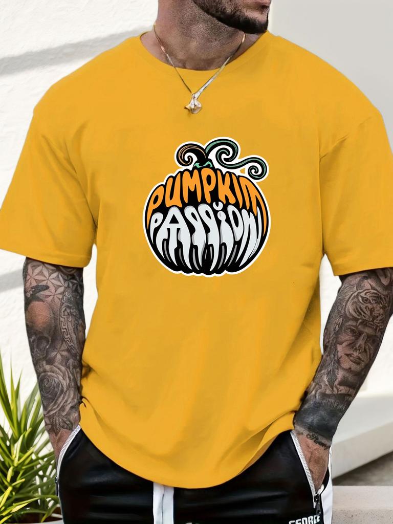 Mens Casual Tshirt Pumpkin Passion Print Short Sleeve Round Neck Breathable Soft Oversized Fun Daily Wear Tee