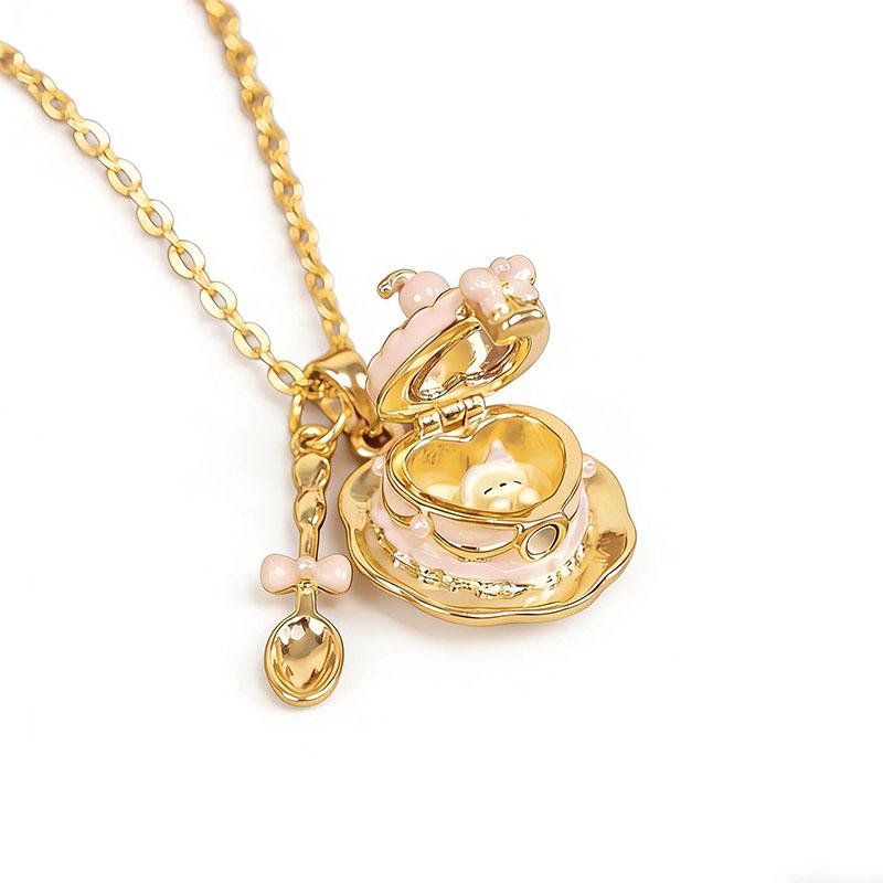 

New Fashion Enamel Cup Teaspoon Box Open Pendant Necklace Sweet Clavicle Chain For Women Girls Birthday Gift Jewelry