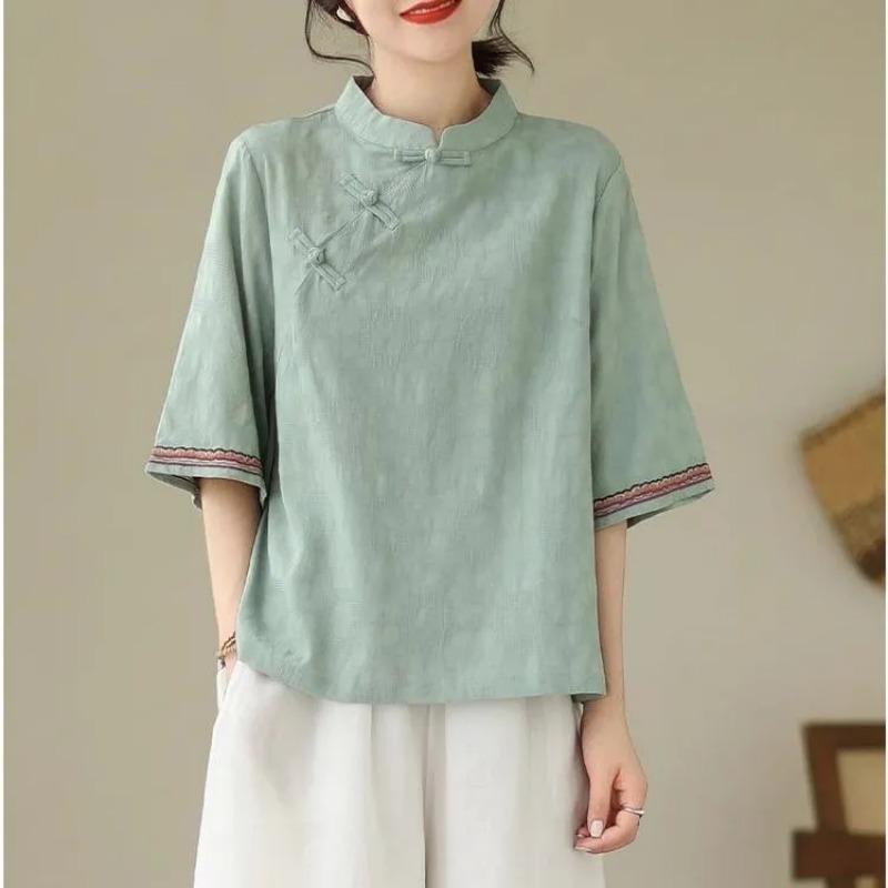 Middle-aged and Elderly Ethnic Style Slant-front Buttoned Embroidered Shirt Loose Stand-up Collar Cotton Mid-sleeves Jacquard Literary Retro