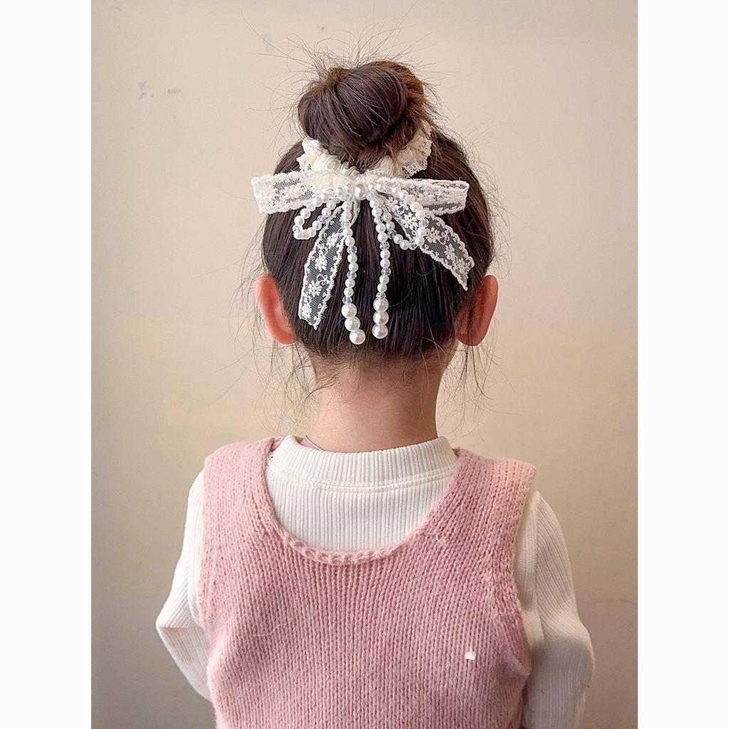 Korean Style Lace Bow Pearl Hair Tie for Women - Gentle Girly Heart Hair Accessory