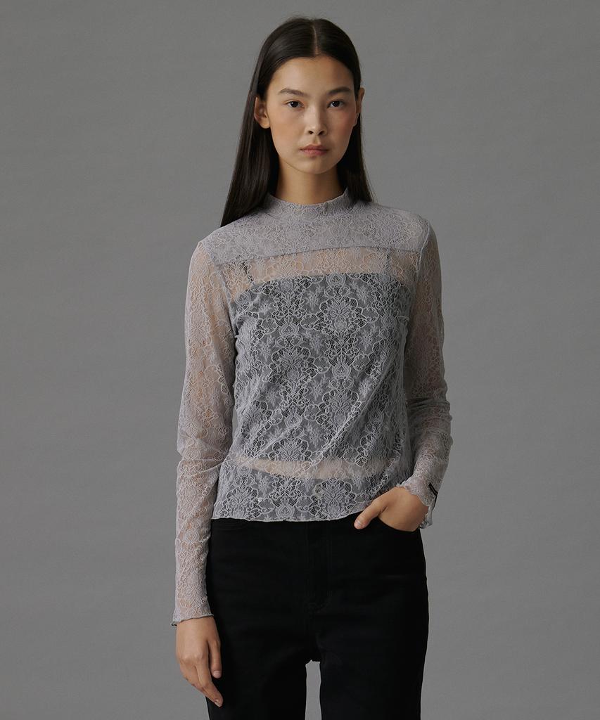 Tudument High Neck Lace Sheer Top Light Gray