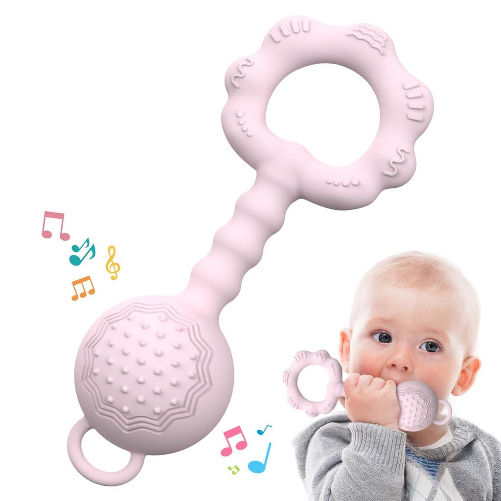 Zeguer 2-in-1 Baby Teether Toy, Soothes Gum Pain, Rattle Sound, Food-Grade Silicone, BPA-Free, Pink