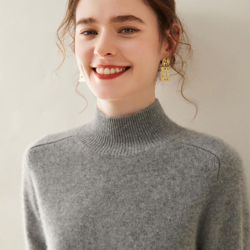 Women's Cashmere Half High-Neck Sweater - Autumn/Winter, Thickened, Solid Color, Loose Saddle Shoulder Knit.