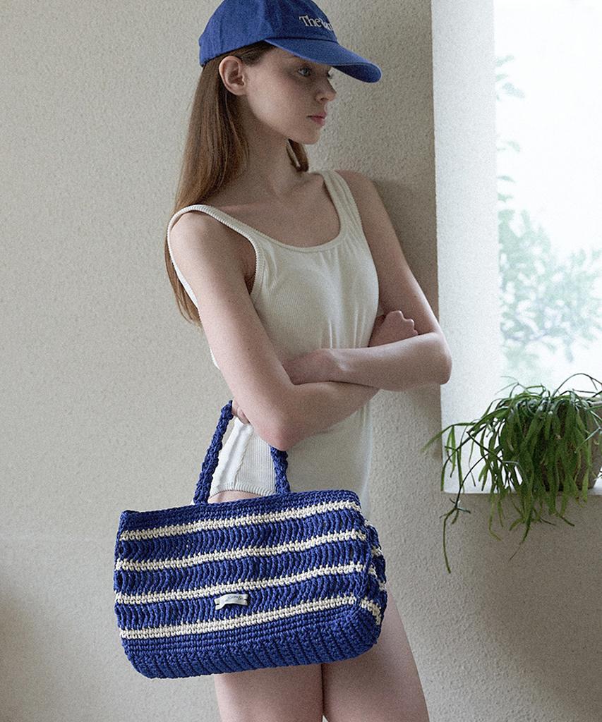 Slowslowly Moroccan Handmade Crochet Stripe Wide Tote Bag _ Blue