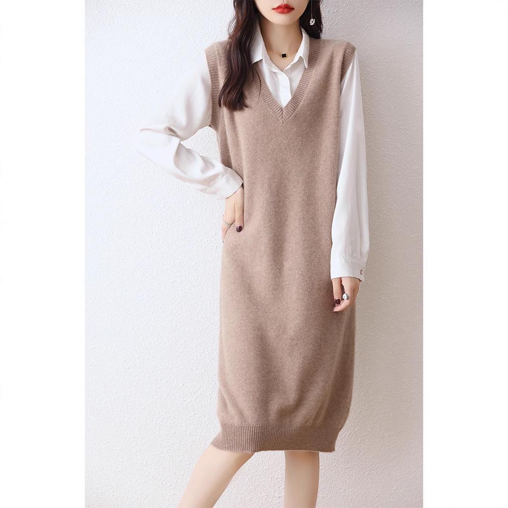 Women's 100% Wool V-Neck Sleeveless Knitted Vest Dress - Long Cardigan Style