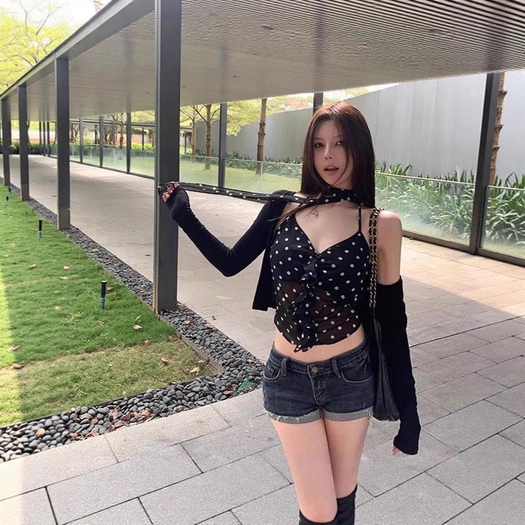 Women's Polka Dot Halter Vest: Slim Fit, Sexy Mesh, Versatile Inner or Outer Layer, Slightly Transparent, Perfect for Summer.