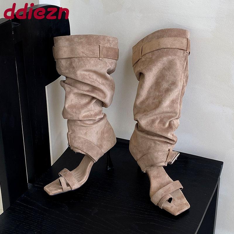 Móda Dámská Obuv s Otevřenou Špičkou Dámské Sandály Kozačky s Tenkými Podpatky Boty Čtvercová Špička Módní Semišové Dámské Kozačky po Koleno Boty Lodičky
