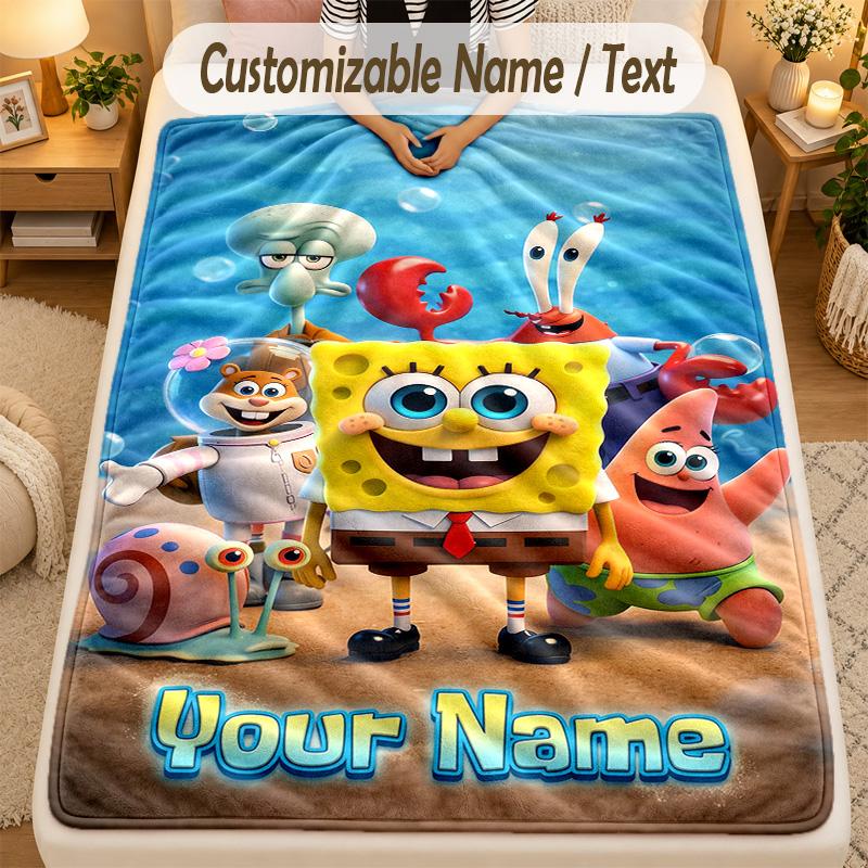 Flannel BlanketSpongeBob Custom Name Text Personalized Soft Warm Throw Blanket Home Decor Gift