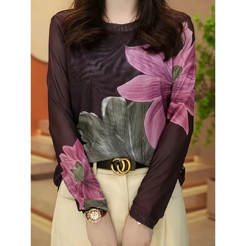 

Футболка с цветочным принтом и круглым вырезом, винтажная футболка с коротким рукавом для весны и лета, женская одежда 3xl