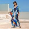 EDOLYNSA Summer Women Vacation Boho Blue Floral Printed V-neck Batwing Sleeve Loose Kaftan Robe 2024 Swimwear Cover Up Casual Beachwear Q1588