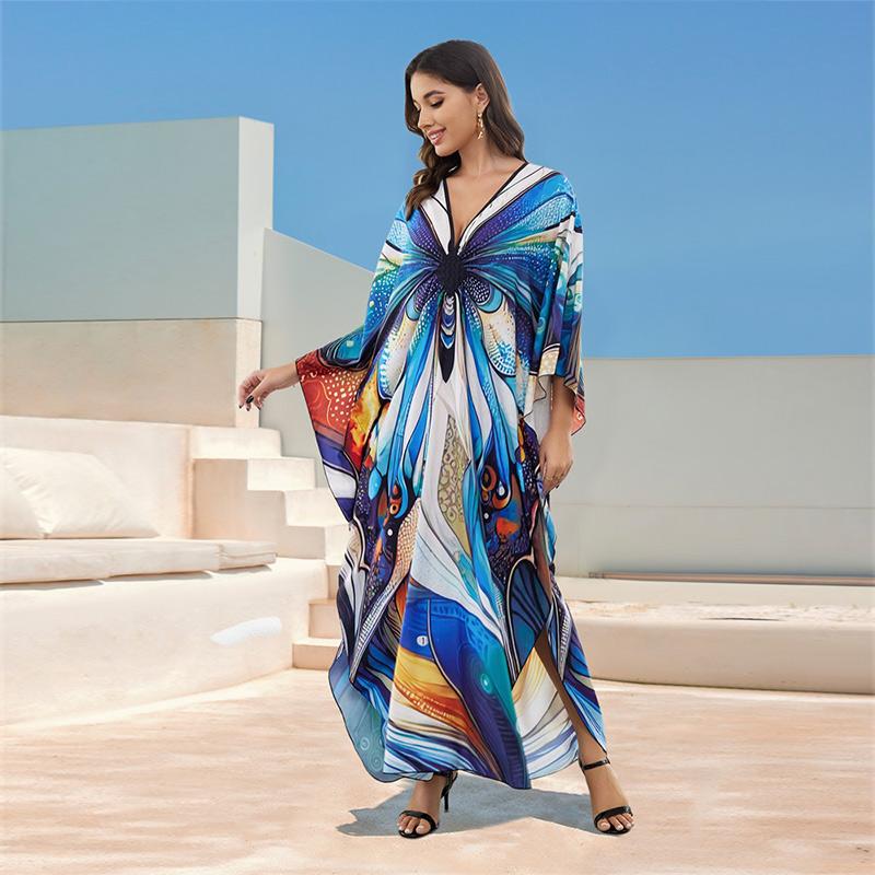 EDOLYNSA Summer Women Vacation Boho Blue Floral Printed V-neck Batwing Sleeve Loose Kaftan Robe 2024 Swimwear Cover Up Casual Beachwear Q1588