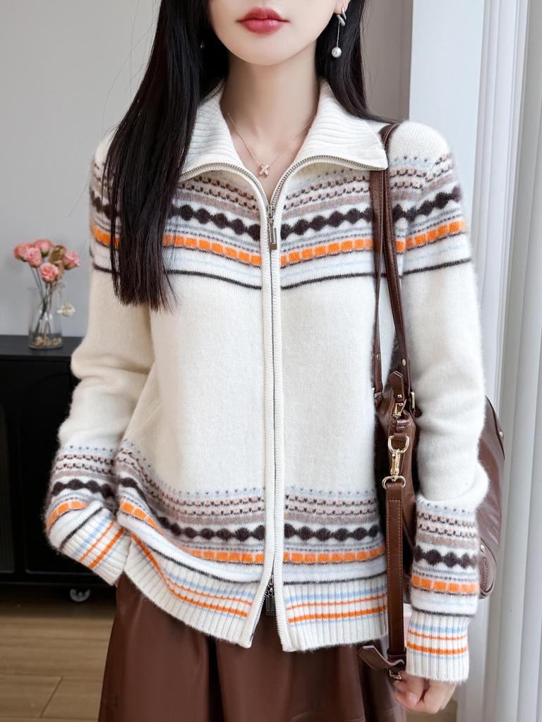 100% Wool Fair Isle Vintage Lapel Cardigan: Cozy Autumn/Winter Coat for Women