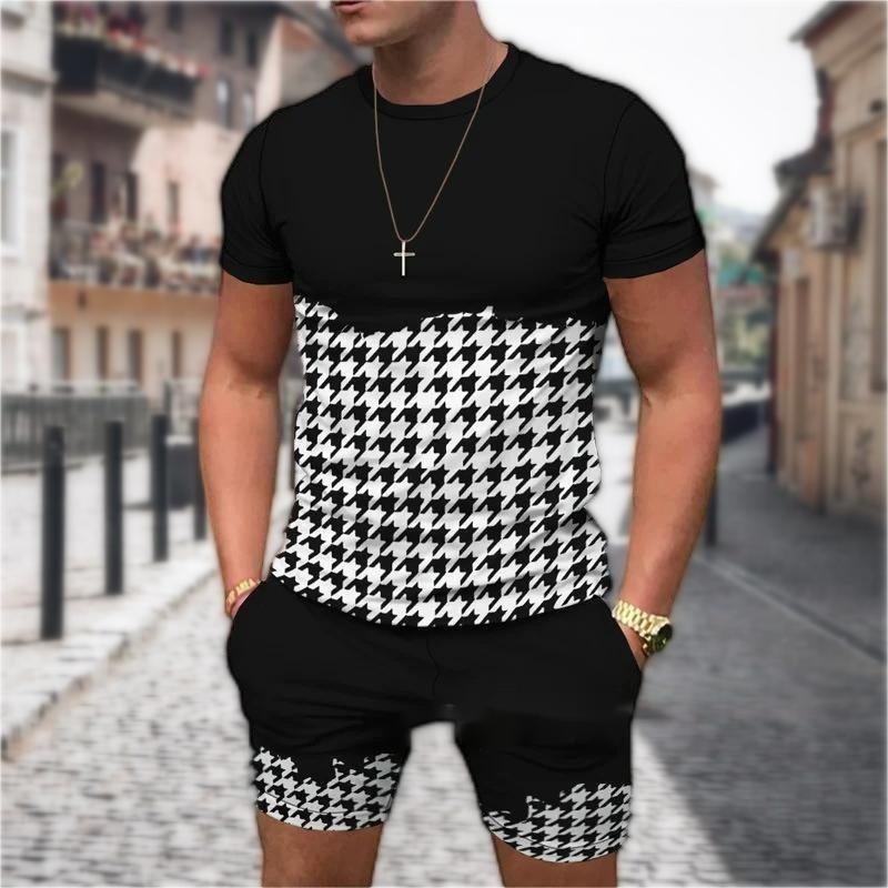 Men's Summer Casual T-Shirt Set Striped 3D Printed T-Shirt Short Sleeve Shorts 2 Piece Oversized Casual Beach Sports Suit