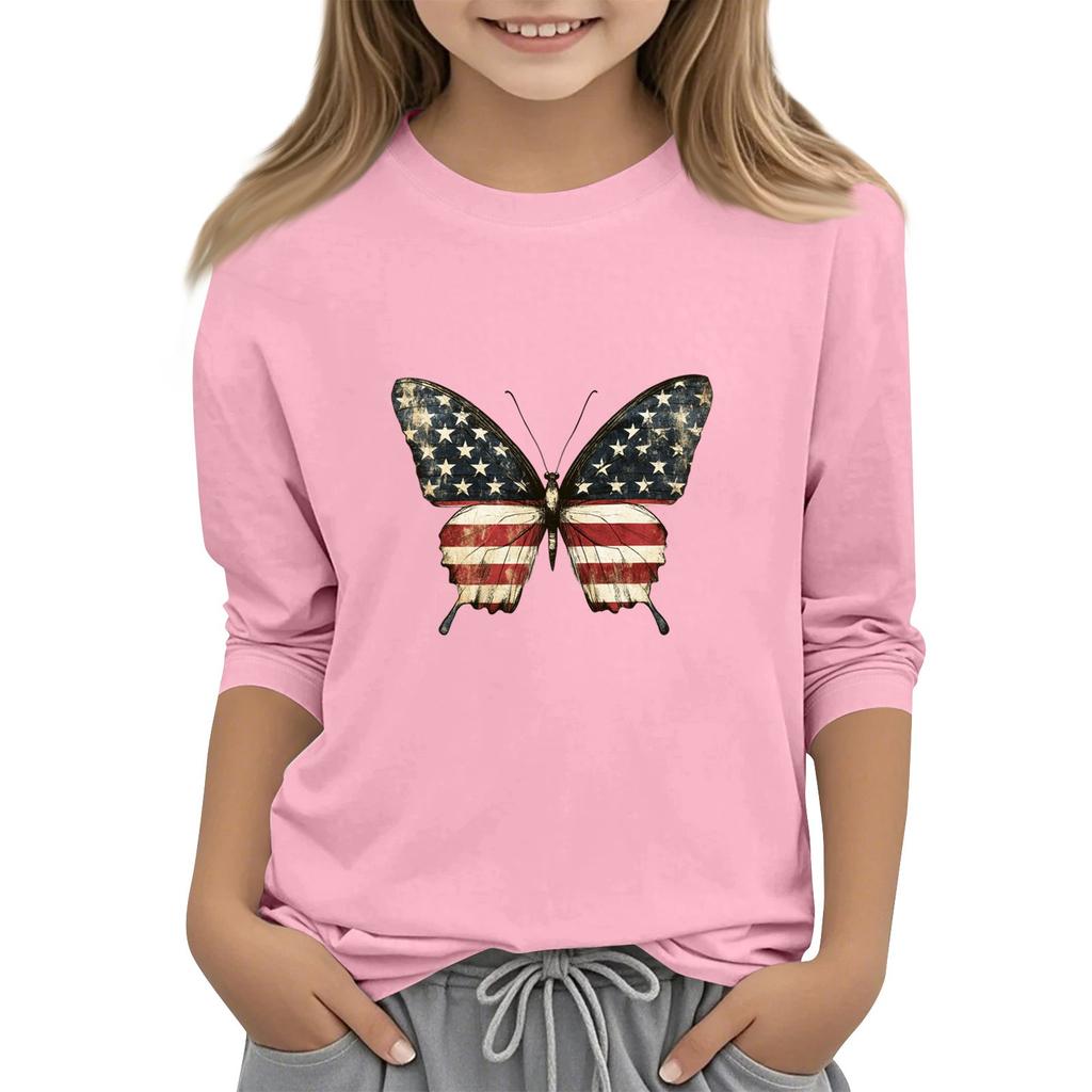 Children's Round-Neck Independence Day Three-Quarter Sleeve Casual T-shirt Top