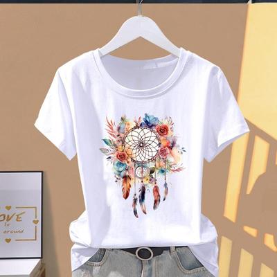 (Asiatische Größe) Grafisches T-Shirt Lässig T Kleidung Feder Traum Web 90er Print Weiblich Lässig Damen Oberteil Mode Kurzarm T-Shirt