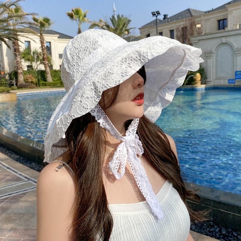 My Extreme Outdoor Activities Women's White/Black Woman Lace Sun Hat Summer Hats For Bucket Hat Beach Sunhat Large Wide Brim Summer Cap For 56-58Cm