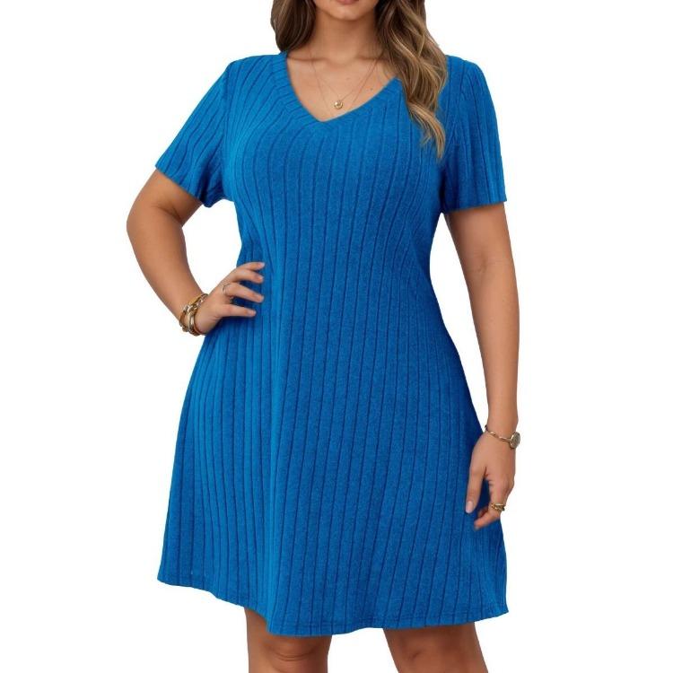Spring Summer Plus Size Women V Neck Ribbed Short Sleeve Pullover Dress Solid Color New