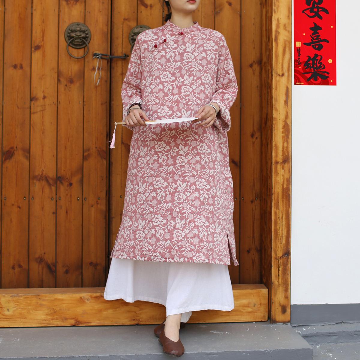 

Johnature Women Chinese Style Print Floral Dress Stand Long Sleeve Spring Button Vintage Dress One Size червоний