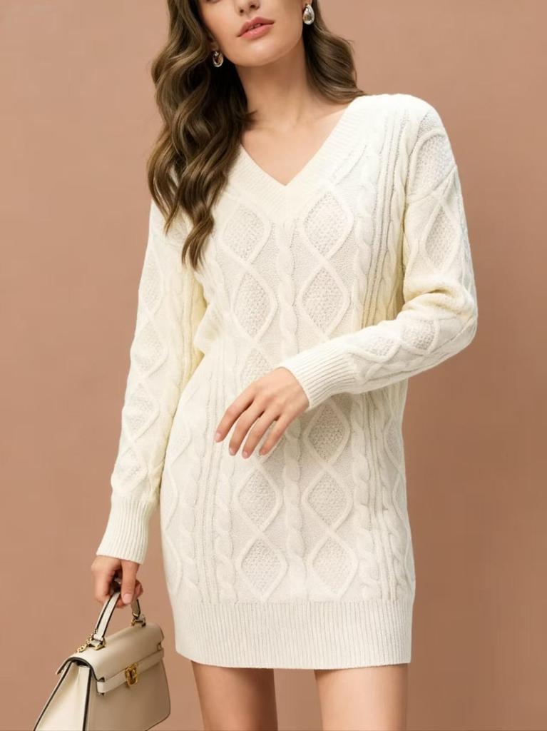 2025 Autumn/Winter Women's Mid-Length V-Neck Cable Knit Dress