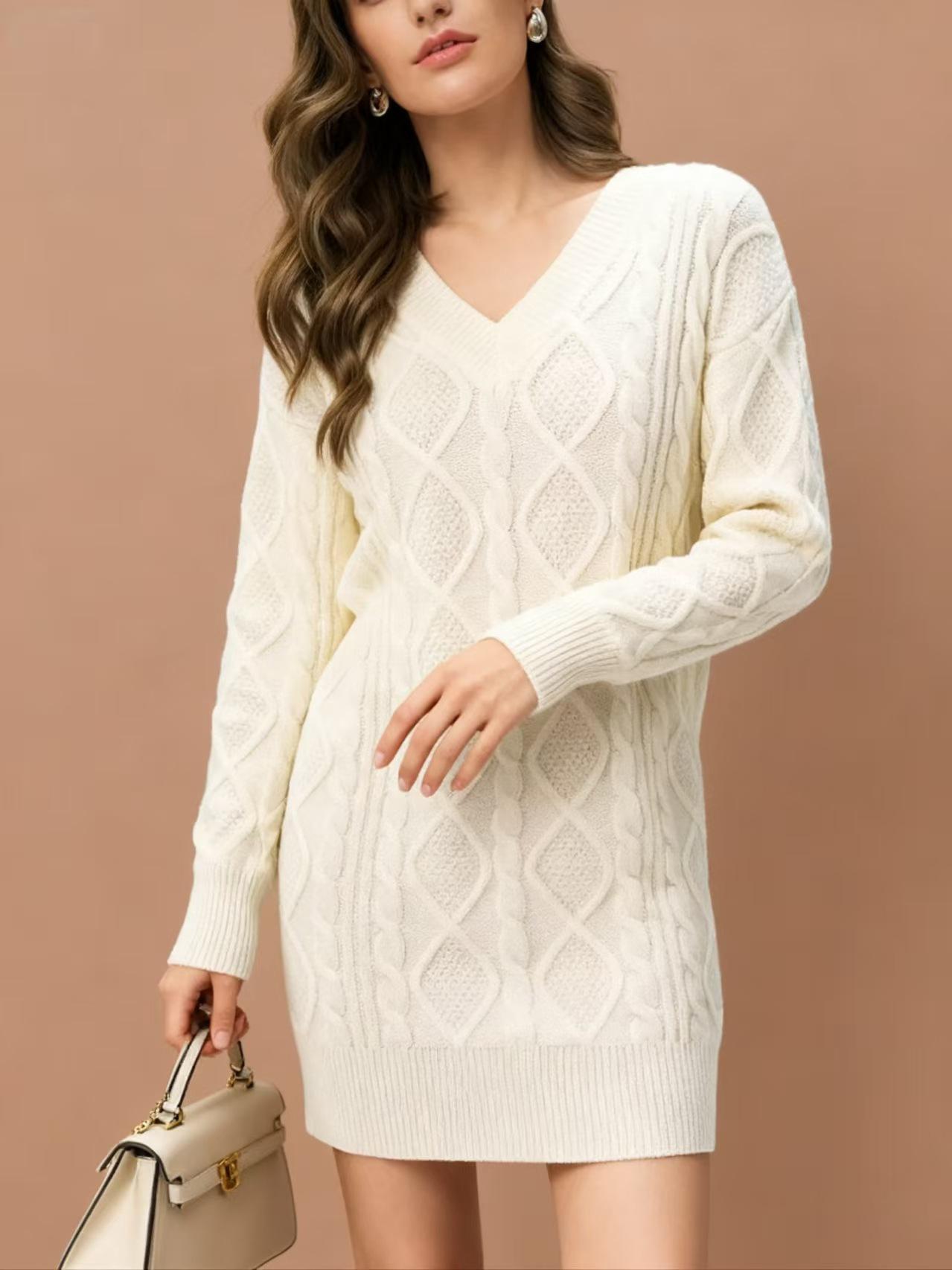 Damen Mittellanges V-Ausschnitt Zopfmuster Strickkleid Herbst/Winter 2025 L weiß