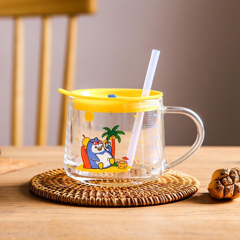 Home Office Coffee Cup with Lid Glass 350ml Cartoon Cute Water Cup with Straw Milk Double Drink Cup
