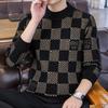 Men's Fashionable Thick Knit Plaid Sweater with Floral Design