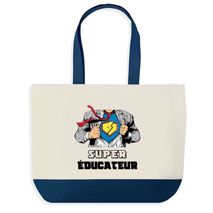 Sac shopping - PLANETEE - Sac shopping fond bleu Super Éducateur - Coton 40x45 cm - Grand format - Fabriqué en France