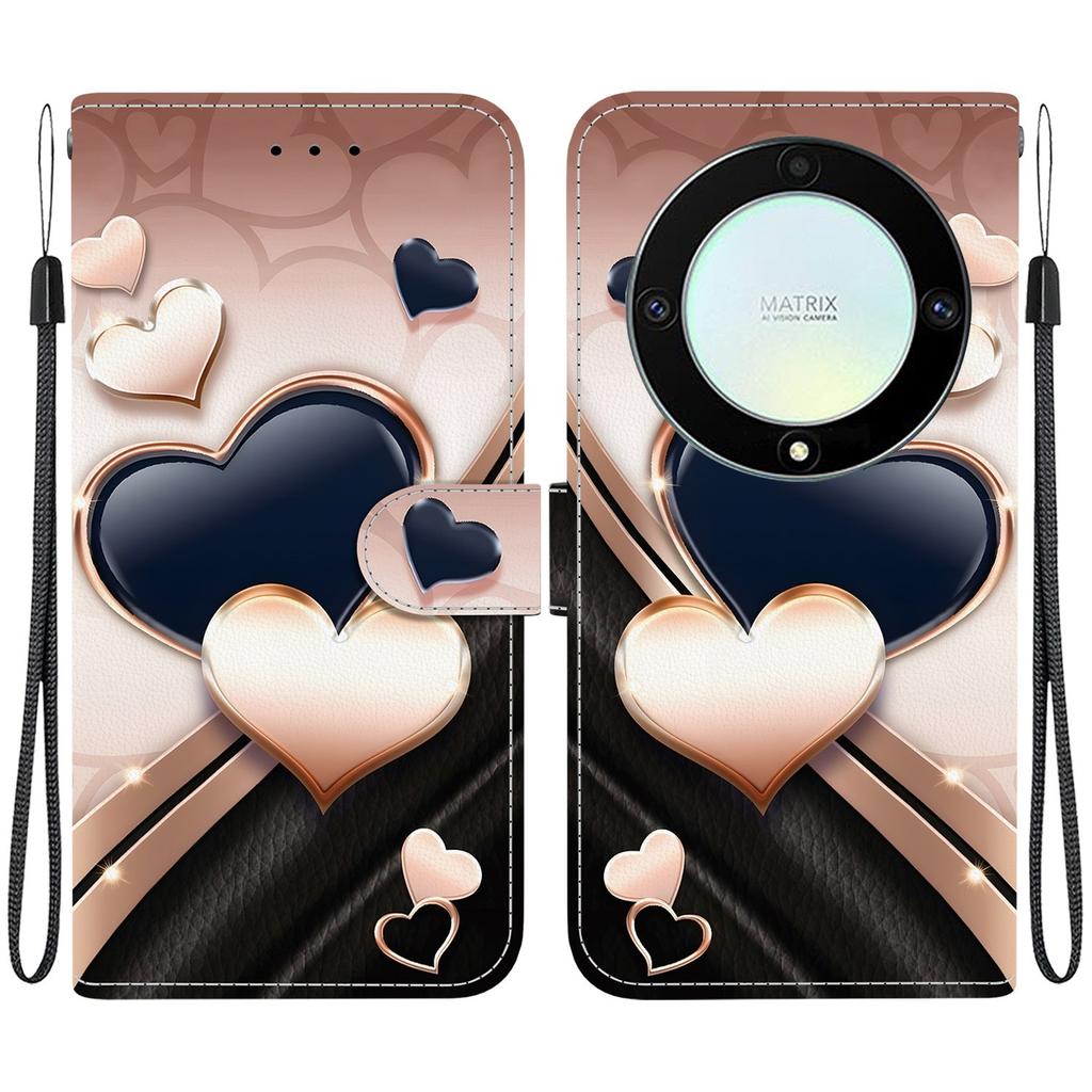 Handmade PU Leather Flip Case for Honor X9a Anti-Slip Shockproof Cover with Wrist Strap & Heart/Rose Cat Designs