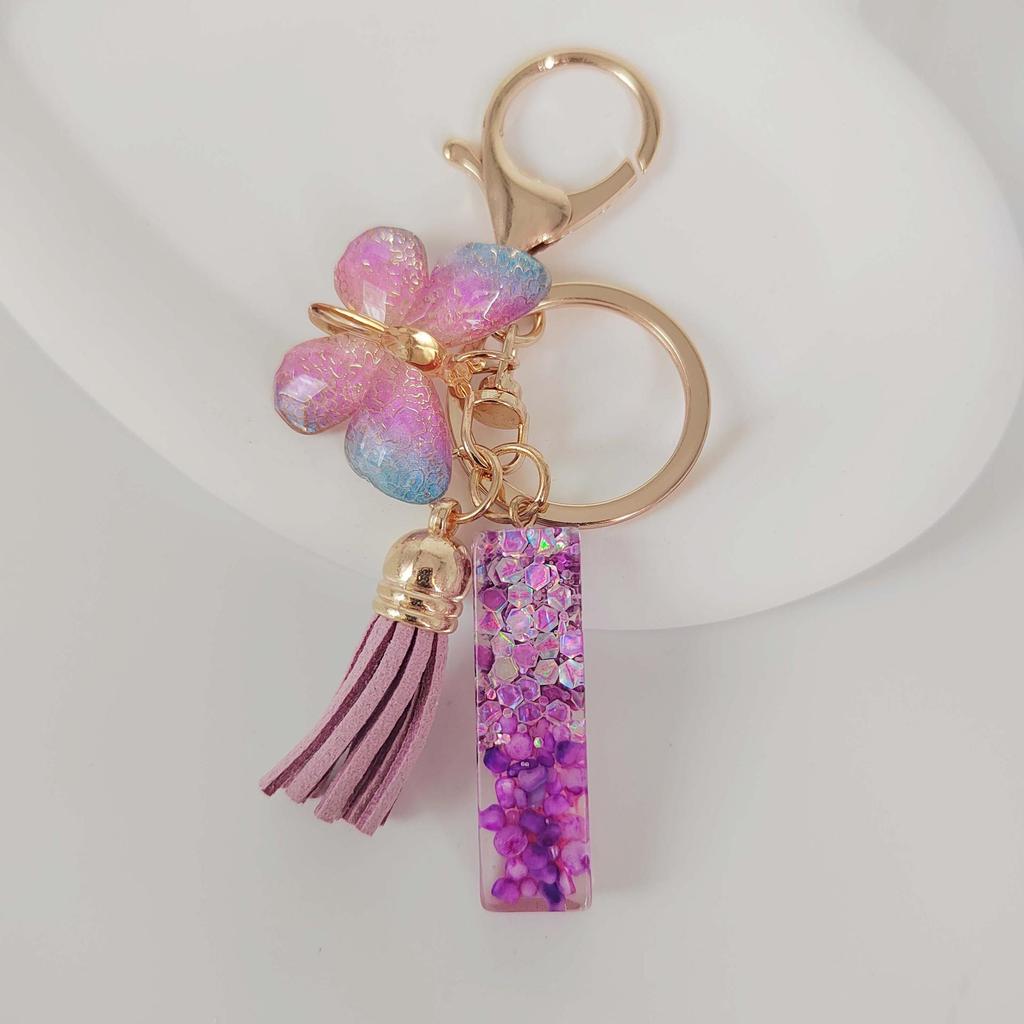 Purple Iridescent Resin Letter Keychain with Butterfly Tassel