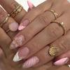 Pink French Tip Press On Nails Medium Almond Fake Nails with 3D Flower Designs Glossy Acrylic False Nails Golden Bead Artificial Glue On Nail